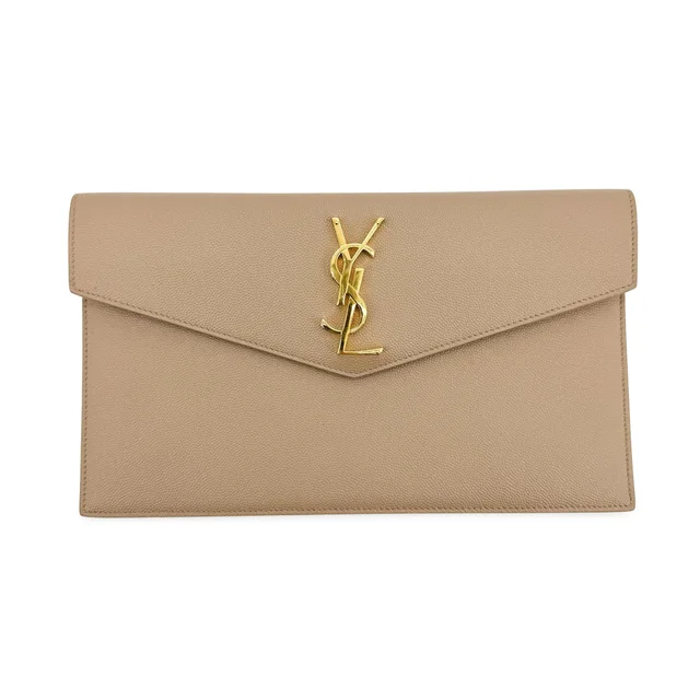 Saint Laurent Grain De Poudre Uptown Clutch in Beige Leather from Blue Spinach