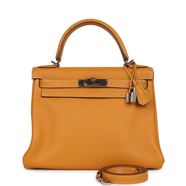 Hermès Kelly Retourne 28 Moutarde Clemence Palladium Hardware in Clemence leather from Madison Avenue Couture
