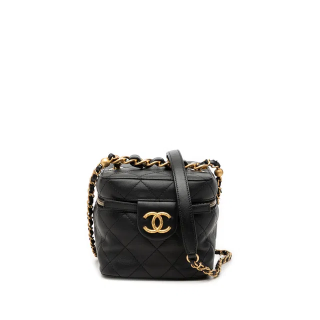 Black Chanel Small Quilted Calfskin Chain Bar Vanity Case with Chain Crossbody Bag in Black Calfskin from Designer Revival