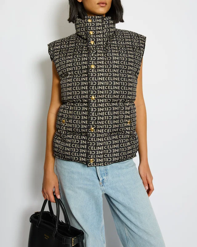 Celine Black and Beige Sleeveless Puffer Jacket with Logo Prints Size XS (UK 6) in Black from Sellier