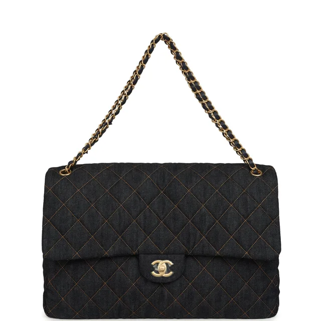 Chanel XXL Classic Single Travel Flap Bag Dark Blue Denim Brushed Gold Hardware in Blue Denim from Madison Avenue Couture, photo 7 of 10