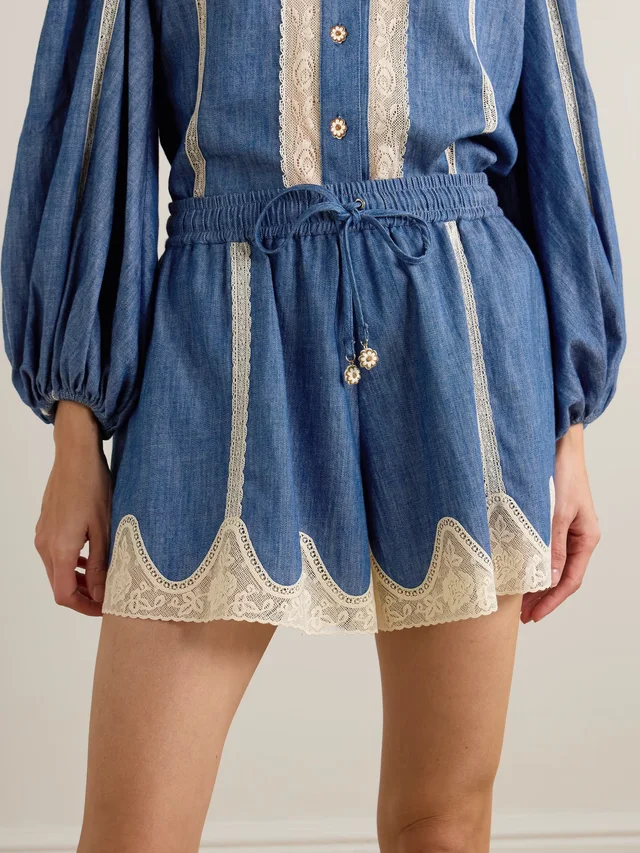 ZIMMERMANN Awaken lace-trimmed denim shorts in Blue, photo 2 of 2 from NET-A-PORTER (Canada)