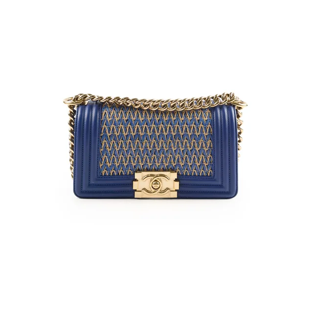 Chanel Small Boy Navy Raffia Crossbody Bag in Navy Raffia from The Purse Affair