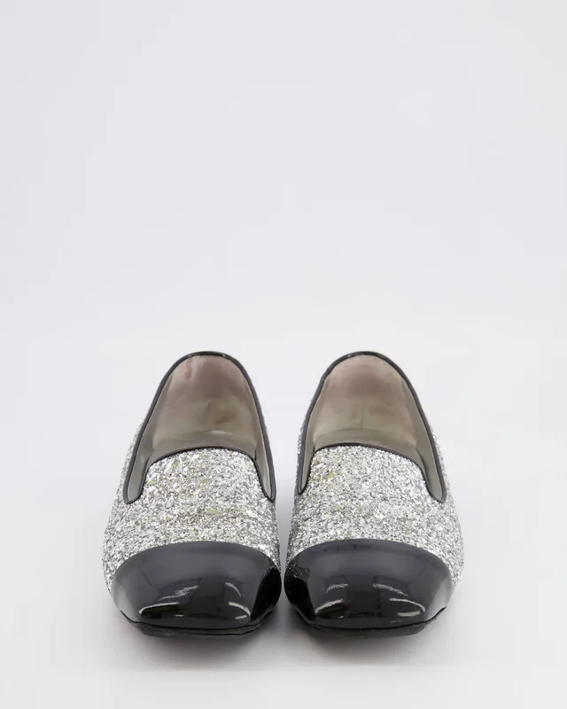 Chanel Silver Glitter Loafers with Black Patent Leather Cap Toe and Black CC Logo Detail Size EU 40 in Black Patent leather from Sellier, photo 2 of 2