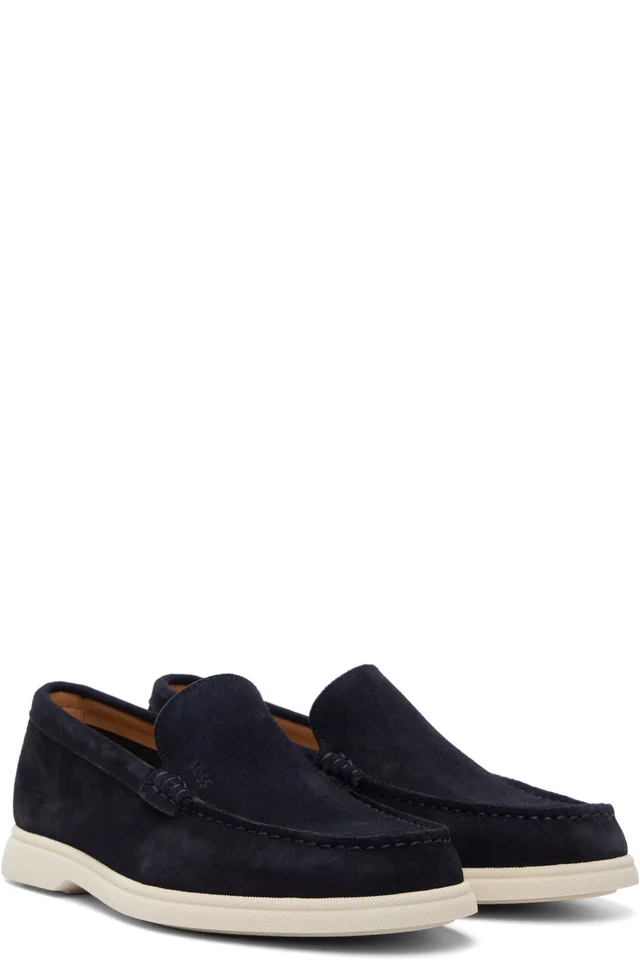 BOSS Navy Debossed-Logo Suede Loafers, photo 4 of 5 from SSENSE