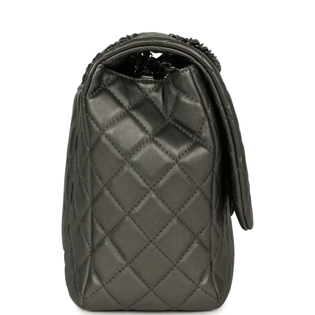 Chanel XXL Classic Single Flap Bag Dark Grey Metallic Lambskin Ruthenium Hardware in Grey Lambskin from Madison Avenue Couture, photo 2 of 2