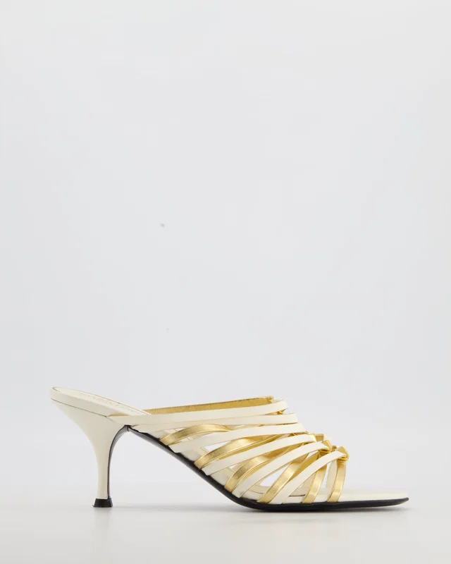 Valentino Garavani White and Gold Rockstud Caged Mules in Calf Leather Size EU 39 in White Calfskin from Sellier