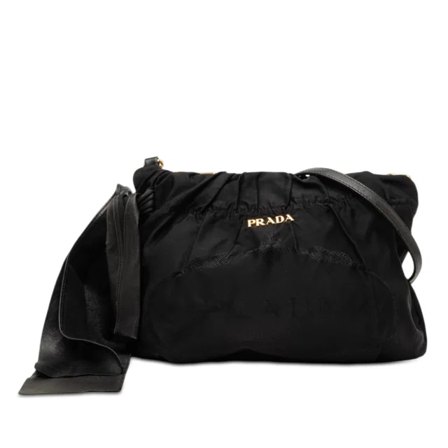 Black Prada Tessuto Canapa Logo Bow Crossbody in Black Nylon from Designer Revival