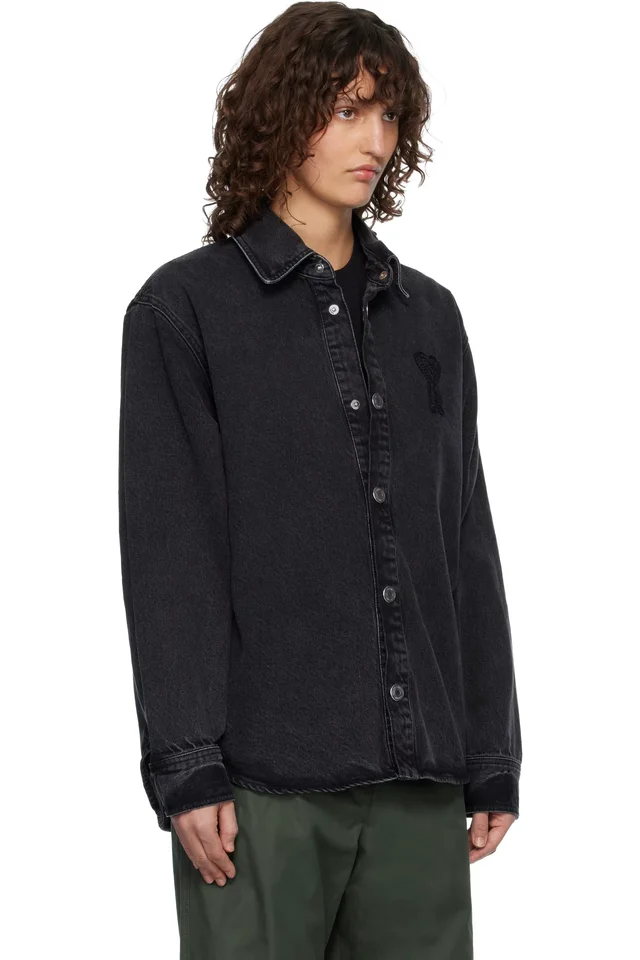 AMI Paris Black Cotton Knitted Ami de Coeur Denim Overshirt, photo 2 of 4 from SSENSE