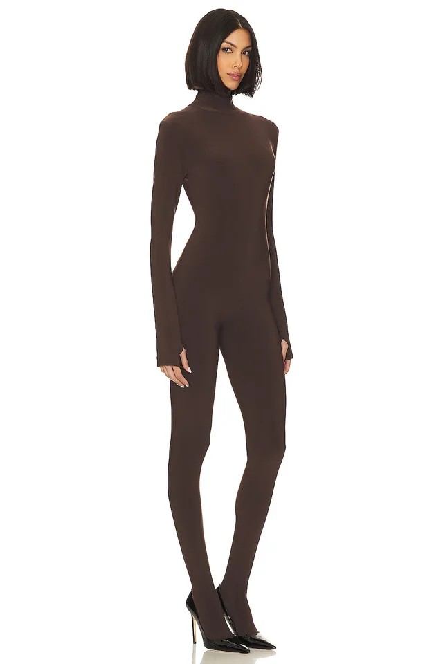Norma Kamali Slim Fit Turtle Catsuit With Footsie in Chocolate, photo 2 of 4 from REVOLVE (Canada)
