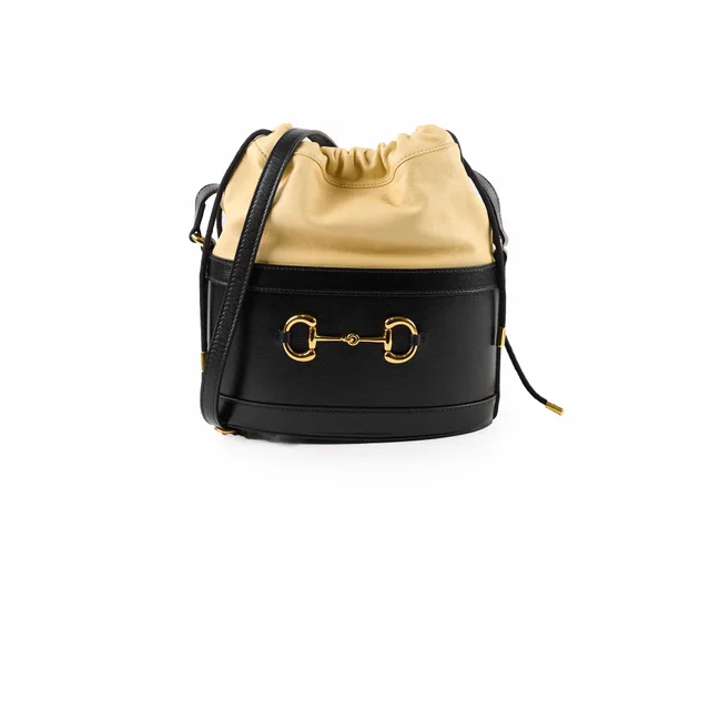 Gucci Horsebit 1955 Bucket Bag Beige/Black in Black Leather from The Purse Affair