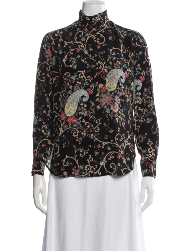 Etro Floral Print Mock Neck Blouse in black from The RealReal