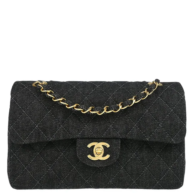 Chanel 1997-1999 Black Denim Small Classic Double Flap Shoulder Bag in Black Denim from AMORE Vintage Tokyo