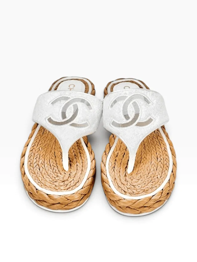 Chanel White Terry Cloth Raffia CC Logo Thong Sandals #39 in White Raffia from Luxury Promise