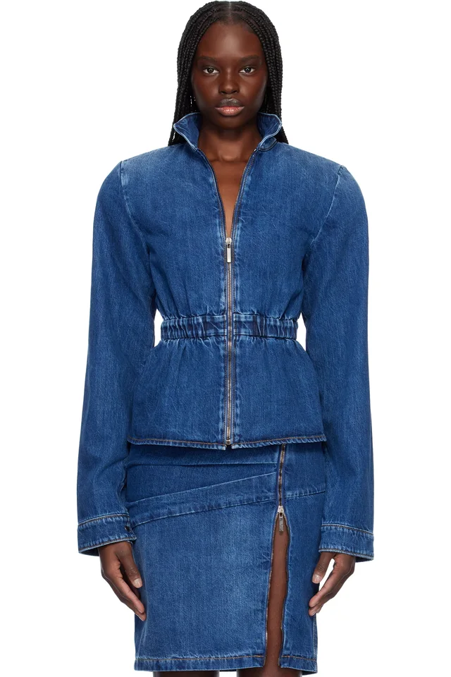 Nensi Dojaka Blue Hayley Peplum Bomber Denim Jacket, image 1 of 1 from SSENSE
