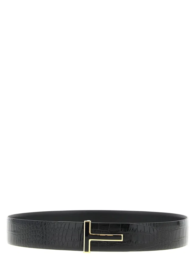 Tom Ford Reversible Crocodile-Effect Leather Belt — Black in Black Crocodile from HEWI