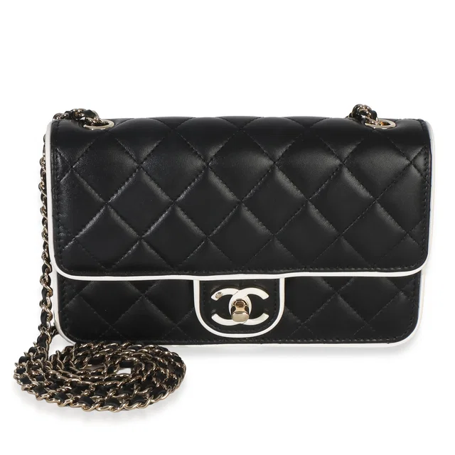 Chanel 26P Black White Quilted Lambskin Resin CC Flap Wallet On Chain in Black Lambskin from myGemma