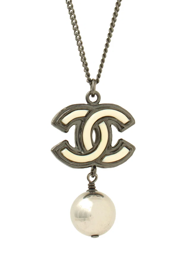 Chanel 2013 CC Mark Ball Swing Necklace Gunmetal/White in White from VINTAGE QOO TOKYO