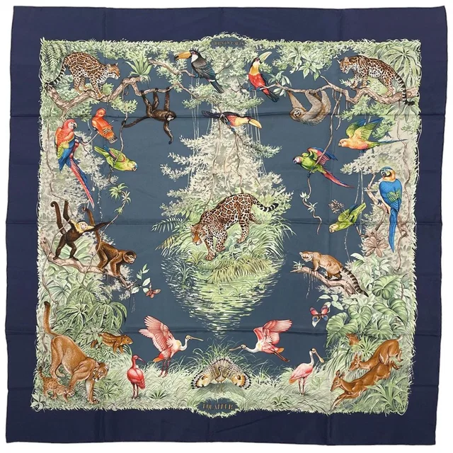Hermès Carre 90 Equateur Scarf Animal Print Silk Navy Multicolor in Navy Silk from The Reluxe