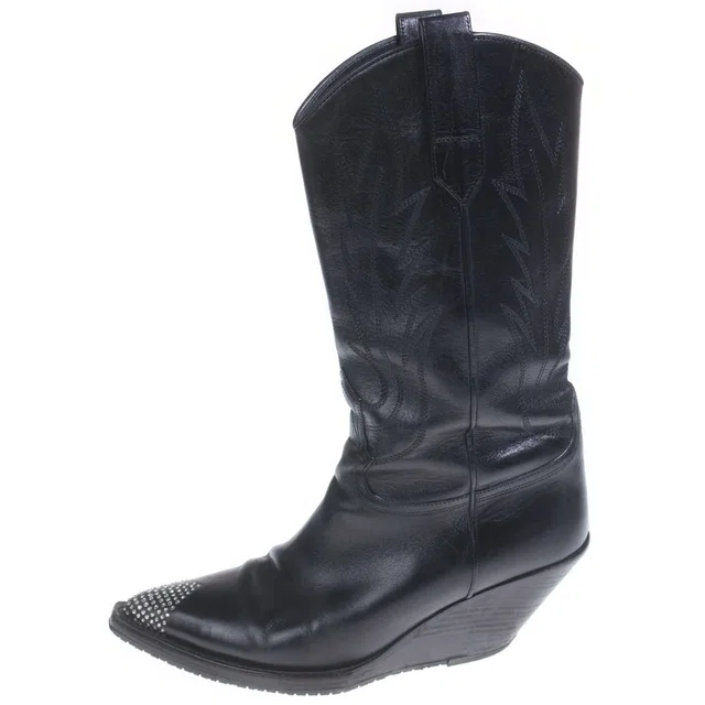 Celine Moon High Rhinestone Decoration Leather Cut Western Boots Black in Black Leather from The Reluxe