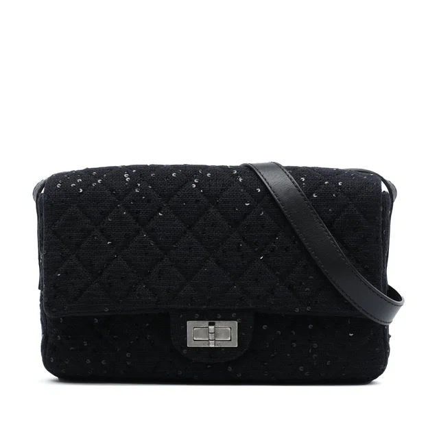 Black Chanel Jumbo Sequin Embellished Quilted Tweed Reissue 2.55 Messenger Flap Crossbody Bag in Black Tweed from Designer Revival