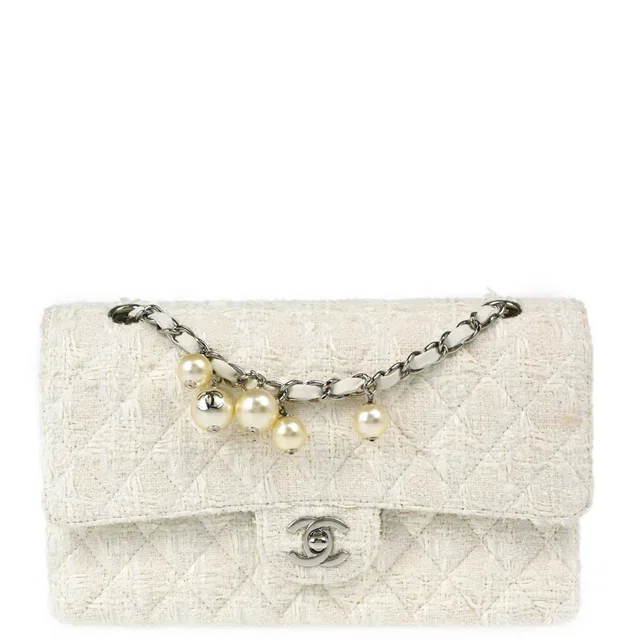 Chanel 2004-2005 White Tweed Medium Classic Double Flap Shoulder Bag in White Tweed from AMORE Vintage Tokyo