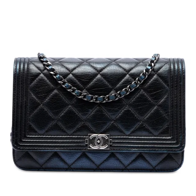 Black Chanel Quilted Aged Calfskin Boy Wallet on Chain Crossbody Bag in Black Calfskin from Designer Revival