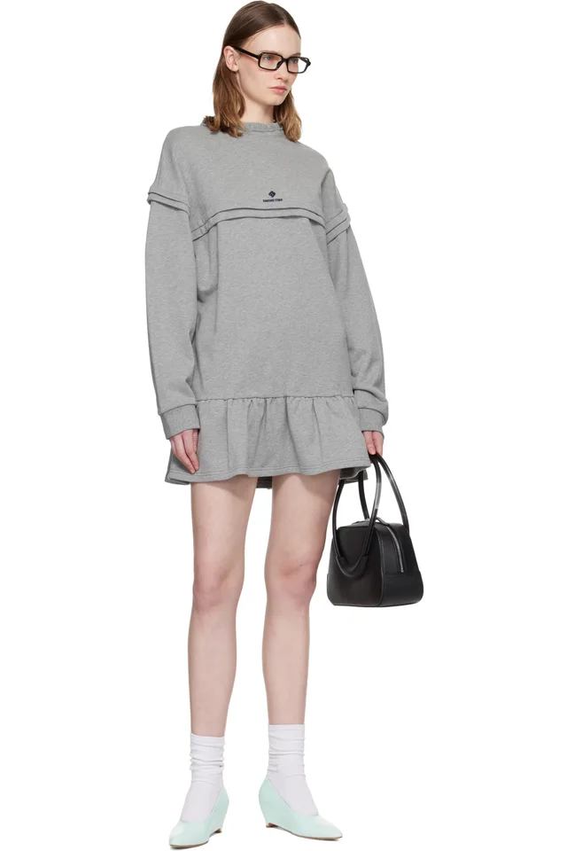 SHUSHU/TONG Gray Raw-Edge Wave Collar Tuck Detail Sweatshirt Minidress, photo 4 of 4 from SSENSE
