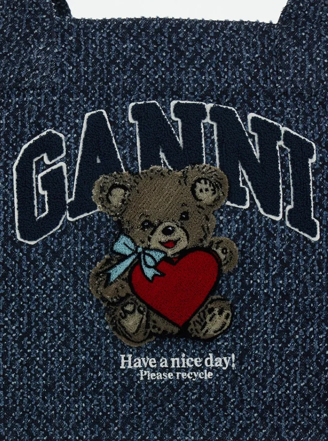 GANNI 'Trapeze Medium' blue Shopper with logo lettering and print on the front in cotton women in Blue 100% Cotton, photo 10 of 10 from Gaudenzi Boutique