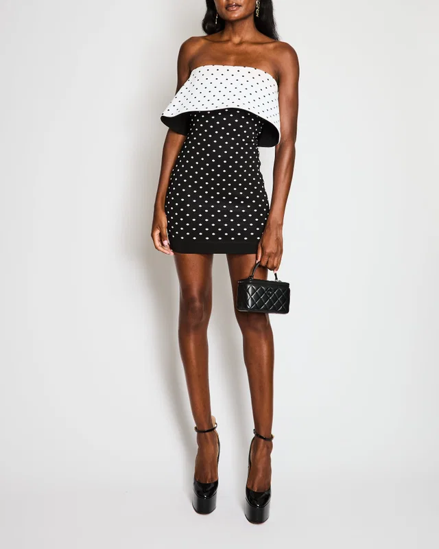 Balmain Off-shoulder Black and White Polka Dot Mini Dress Size FR 38 (UK 10) in Black from Sellier