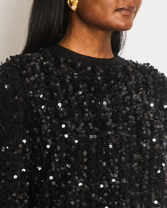 Chanel Black Sequin Embellished Jumper with Metallic Cuff Details Size FR 36 (UK 8) in Black Silk from Sellier, photo 3 of 4