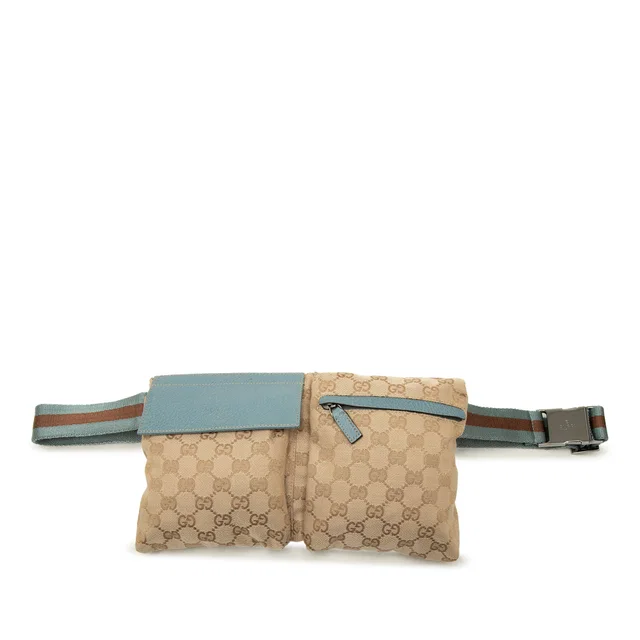 Beige Gucci GG Canvas Web Double Pocket Belt Bag in Beige Canvas from Designer Revival