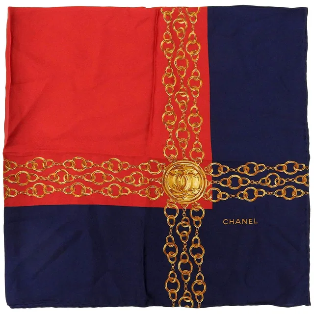 Chanel CC Mark Chain Pattern Scarf Navy/Red in Red Silk from VINTAGE QOO TOKYO