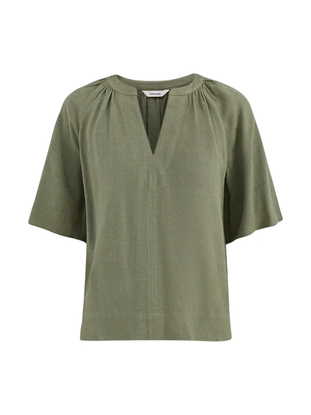 Selected SLFVIVA 2/4 V-NECK LINEN BLEND TOP NOOS in Green from Fenwick, photo 1 of 1