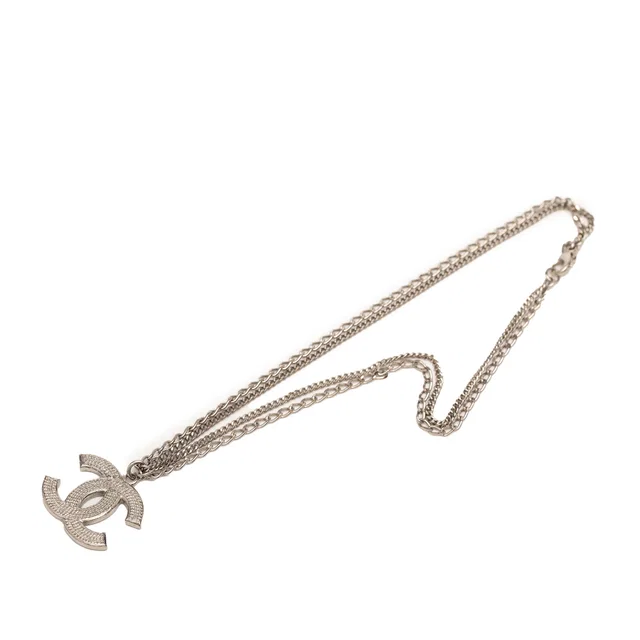 Silver Chanel CC Brass Double Chain Pendant Necklace in Silver from Designer Revival