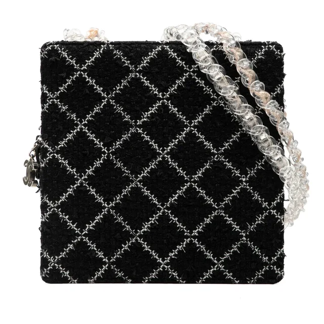 Black Chanel Tweed and Resin Zipped Chain Shopping Bag in Black Tweed from Designer Revival