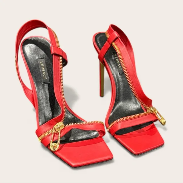 Versace Red Leather Zip Detail Heels | Size 38 | Gold Hardware in gold|red Leather from Poshmark