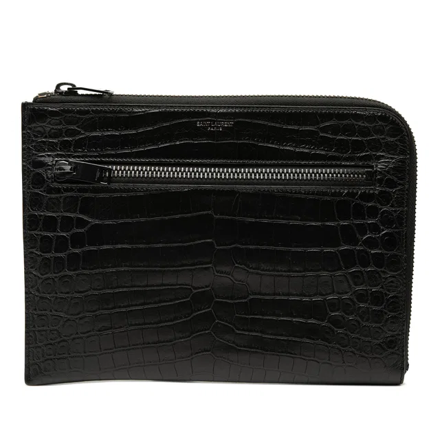 Black Saint Laurent Croc Embossed Leather Clutch in Black Crocodile from Designer Revival