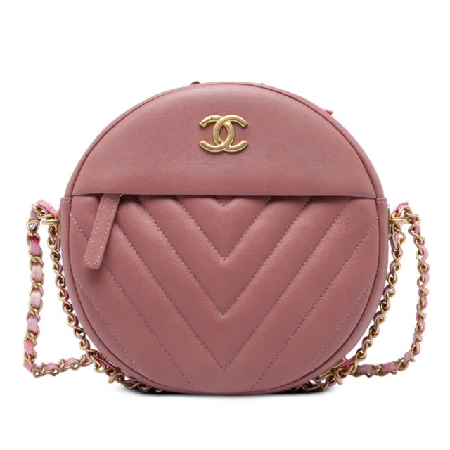 Pink Chanel Chevron Lambskin Round As Earth Crossbody in Pink Lambskin from Designer Revival