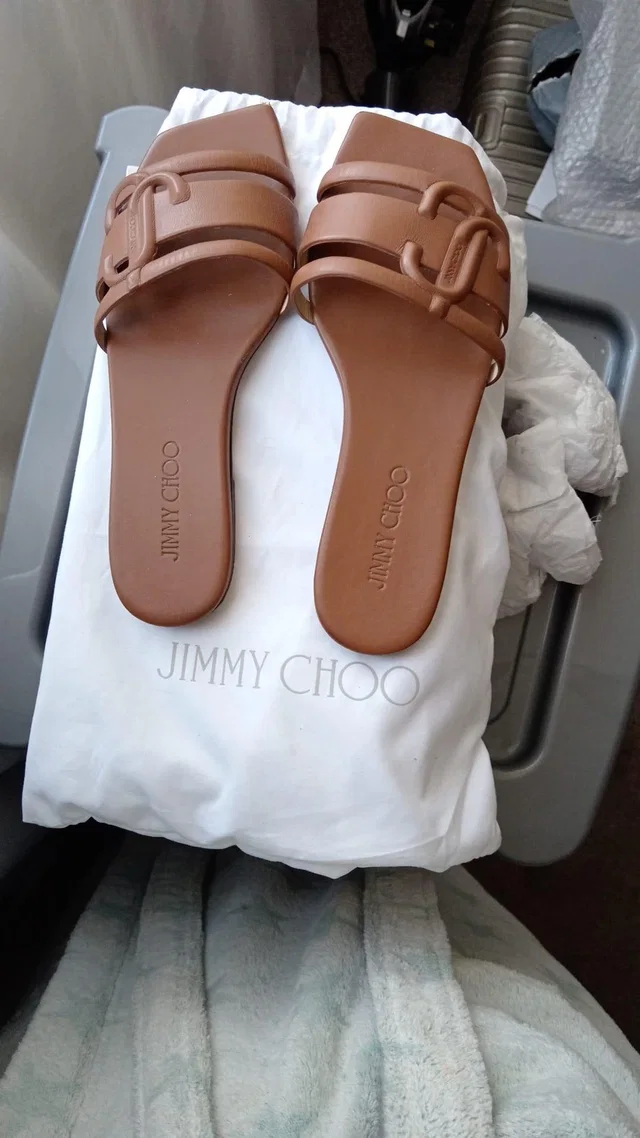 Jimmy Choo Laran Tan Leather Slides in Brown Leather from HEWI