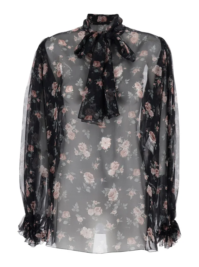 DOLCE E GABBANA Black Floral Print Blouse with Front Knot in Chiffon for Women in Black, photo 2 of 5 from Gaudenzi Boutique