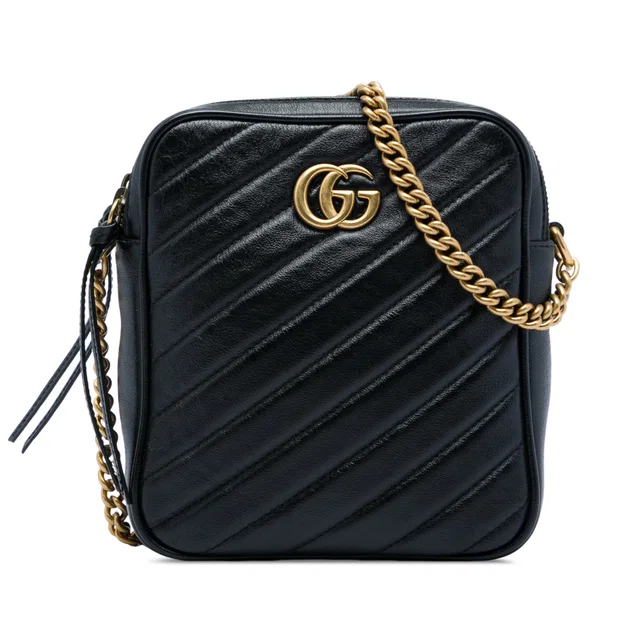 Black Gucci GG Marmont Matelasse Leather Double Zip Crossbody in Black Leather from Designer Revival