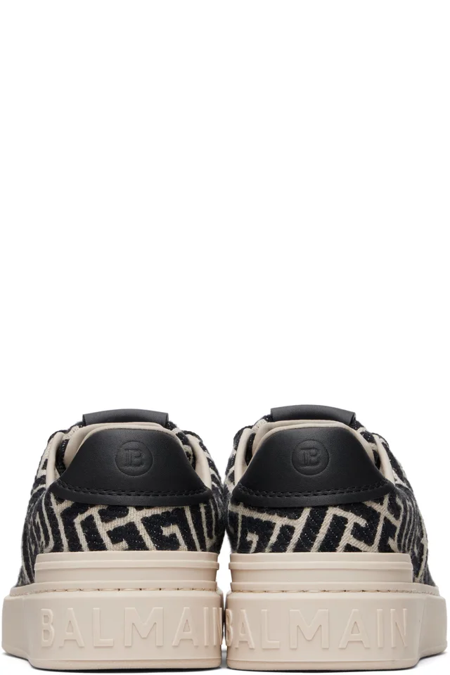 BALMAIN Black & Beige Monogram Jacquard B-Court Sneakers, photo 2 of 5 from SSENSE