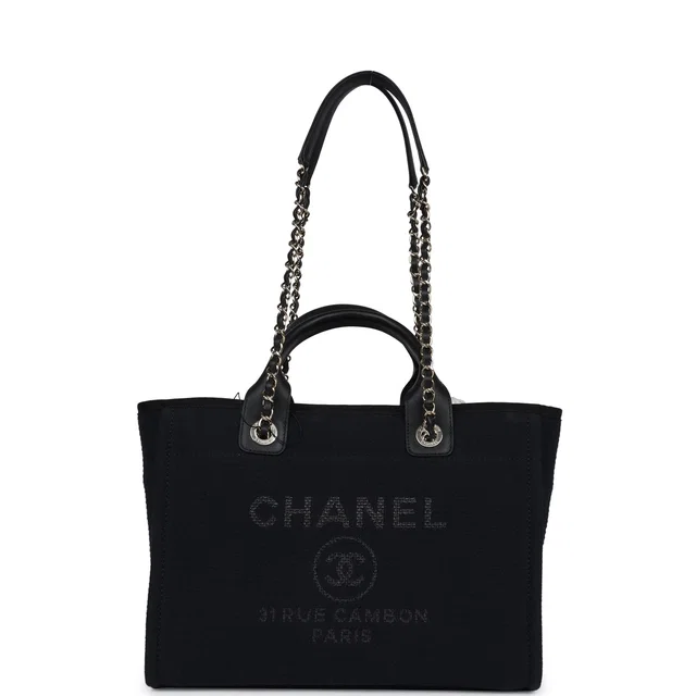 Chanel Small Deauville Shopping Tote Black Canvas Light Gold Hardware in Black Canvas from Madison Avenue Couture