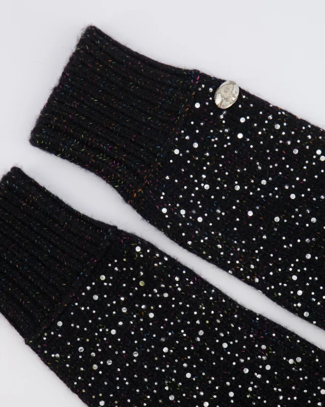 Chanel Black and Multi-Colour Wool Knitted Long Mitten Gloves with Silver Sequin Embellishments Size M in Black Wool from Sellier, photo 2 of 5