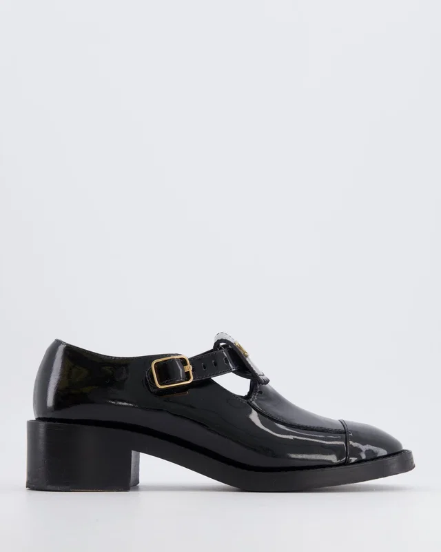 Chanel Black Patent Leather Mary Jane Loafers with Gold CC Logo Detail and Gold Buckles Size EU 39C in Black Patent leather from Sellier