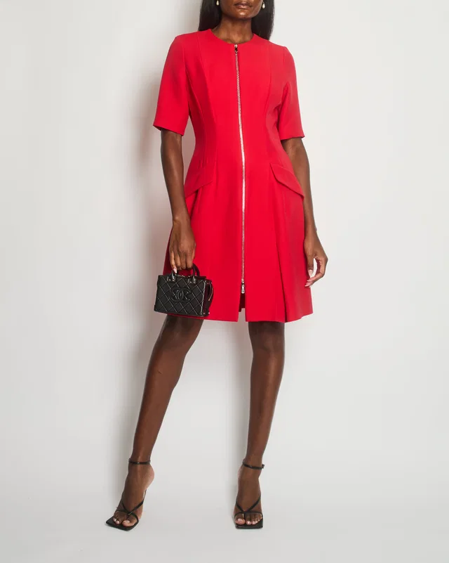 Dior Red Short-Sleeve Wool Dress with Zip Front and Pocket Detail Size FR 40 (UK 12) in Red Wool from Sellier