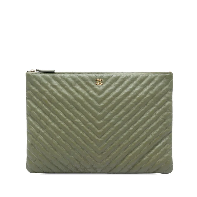 Green Chanel Large CC Chevron Calfskin O Case Clutch in Green Calfskin from Designer Revival