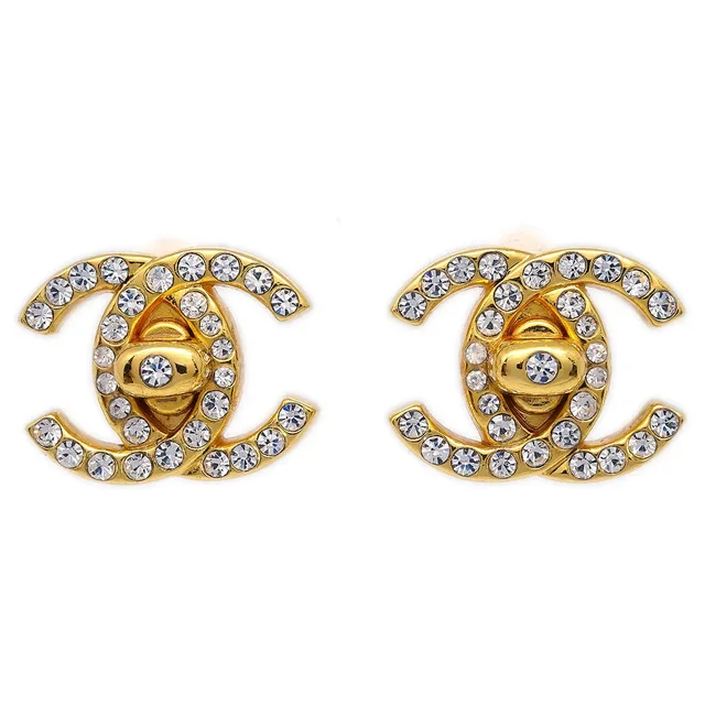 Chanel Rhinestone Turnlock Earrings Gold Small 96A in Gold from AMORE Vintage Tokyo