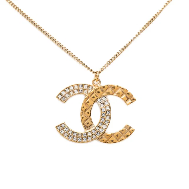 Gold Chanel CC Gold Plated Strass Quilted Pendant Necklace in Gold from Designer Revival